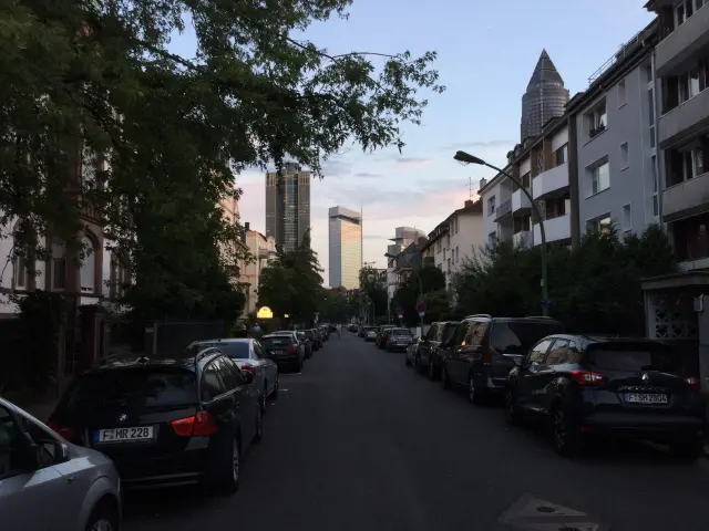 A leafy residential street with parked cars