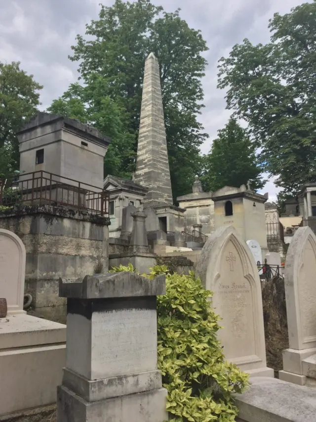 Stone monuments beneath leafy trees