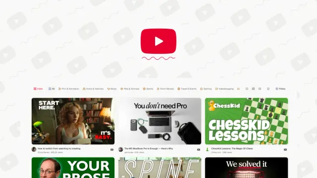 YouTube thumbnail library with category filters and a grid of video references